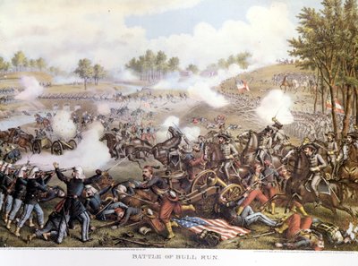 Guerra Civile Americana (1861 - 1865), Prima Battaglia di Bull Run o Prima Battaglia di Manassas: Virginia, i Confederati comandati dal Generale Beauregard sconfissero le truppe nordiche del Generale Mac Dowell. Incisione da Unknown artist