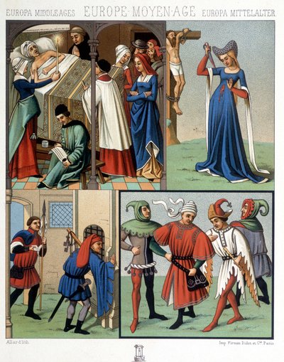Costumi civili nel Medioevo dal XIV al XV secolo. In "Il costume storico" di A. Racquet da Unknown artist