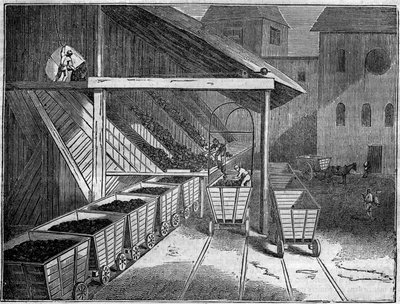 Miniera di carbone: il carbone, estratto dalla miniera, viene caricato su carri verso fonderie, treni e navi. In "Le magasin pittoresque" 1835 da Unknown artist