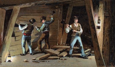 Miniera di carbone in Francia alla fine del XIX secolo: galleria di legno. Cromolitografia della fine del XIX secolo da Unknown artist