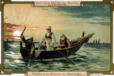Pesca del merluzzo in Norvegia. Imballaggio dei prodotti Liebig da Unknown artist