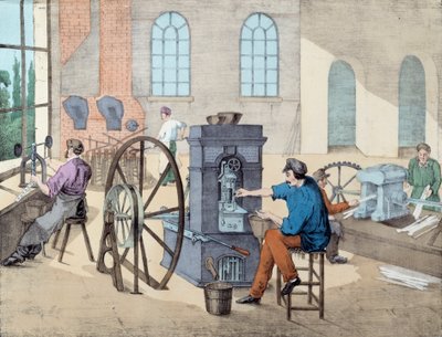 Coniazione: operai al lavoro in una fabbrica in varie fasi, fusione e coniazione di monete, incisione del XIX secolo, Parigi, arti decorative da Unknown artist