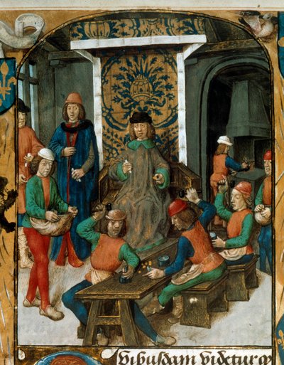 Coniazione di monete nel Medioevo. Miniatura da un trattato sulla moneta (probabilmente De Moneta) di Nicolas Oresme (1320-1382). XIV secolo B.N. Parigi da Unknown artist