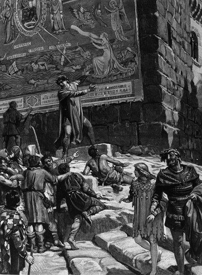 Cola di Rienzo (1314-1354), nella campagna per diventare tribuno del popolo romano, spiega al popolo di Roma gli affreschi che aveva installato in Campidoglio simboleggianti l