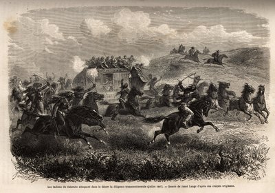 Indiani del Colorado che attaccano la diligenza transcontinentale nel deserto nel luglio 1867. Incisione per illustrare il viaggio nel far west americano, di M. L. Simonin, nel 1867, pubblicato in “Le tour du monde, nouveau journal des voyages”, a cura di  da Unknown artist