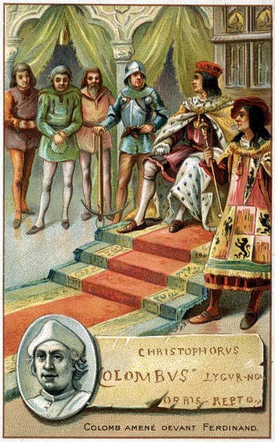 Colombo (con le mani legate) portato davanti a Ferdinando - Cromolitografia del XIX secolo da Unknown artist