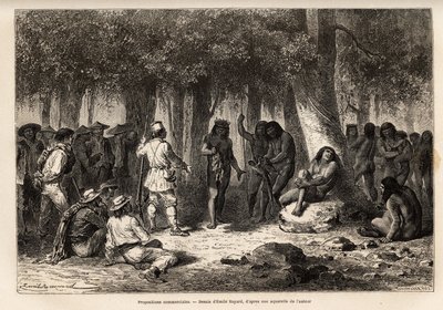 Proposte commerciali tra gli indiani Siriniris e i membri della spedizione, organizzazione dello scambio di coltelli e aghi per piume di uccelli infilate su un ramoscello di vite e aras, nel villaggio di Huatinmio, situato nelle alture della Car da Unknown artist