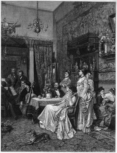 Concerto di dilettanti nello studio di un artista. Riproduzione di un dipinto di Adrien Moreau (1843-1906) presentato al Salon del 1873 da Unknown artist