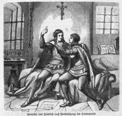 Conradino di Svevia e Federico di Baden informati della loro esecuzione in prigione a Napoli - Conradino di Svevia e Federico di Baden in attesa della sentenza - Conradino di Hohenstaufen, Re di Sicilia e Gerusalemme sotto il nome di Corrado da Unknown artist