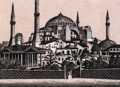 Costantinopoli, Turchia: vista della moschea di Santa Sofia (Hagia Sophia o Haghia Sophia). in "Il mondo illustrato 168 vedute". Non datato (fine XIX secolo) da Unknown artist