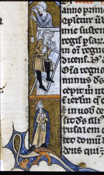 Costruzione di un monastero: operai e re supervisore. Miniatura di un manoscritto della metà del XIII secolo. Biblioteca Trivulziana. da Unknown artist
