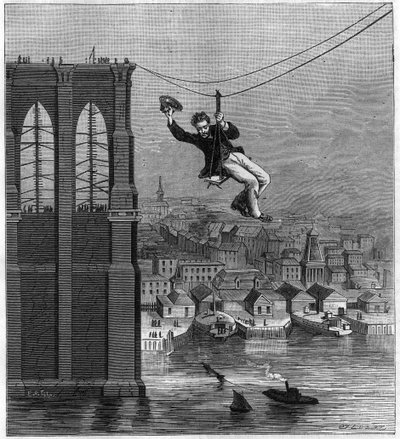 Costruzione del Ponte di Brooklyn a New York: il signor Farrington, capo meccanico della costruzione, si sposta da un pilone all