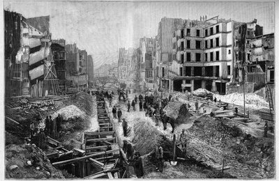 Costruzione su Rue Reaumur - Trasformazioni di Parigi sotto il Secondo Impero, Haussmann Parigi (Boulevard, lavori di Haussmann) - Le Percement de la Rue Reaumur nel 3° arrondissement di Parigi da Unknown artist