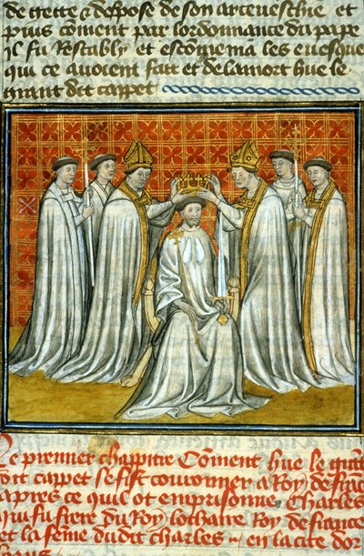 Incoronazione di Ugo Capeto (987) da Adalberone (ca. 925-990), Arcivescovo di Reims - Miniatura di manoscritto su pergamena del Medioevo 