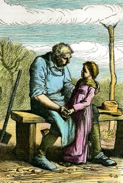 Cosette e Jean Valjean, illustrazione per il romanzo I miserabili di Victor Hugo, incisione del 1865 da Unknown artist