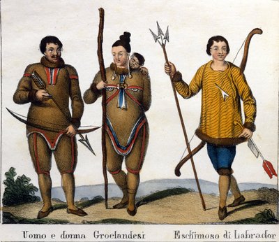 Costume. Sinistra: Coppia di eschimesi della Groenlandia con il loro bambino. Destra: Eschimese del Labrador. Litografia inizio XIX secolo da Unknown artist