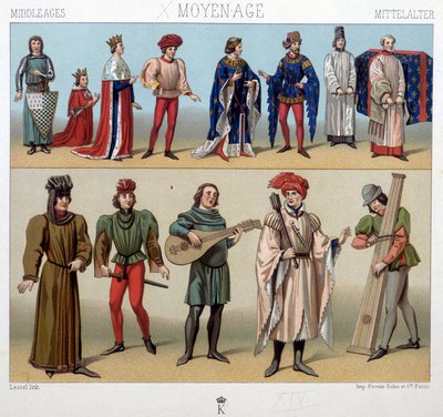 Costumi e musicisti nel Medioevo dal XIII al XV secolo. In "Le costume historique" di A. Racquet da Unknown artist