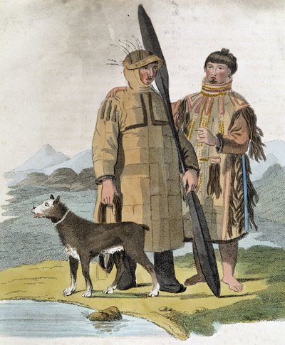 Coppia di una provincia russa e il loro cane - incisione da Unknown artist