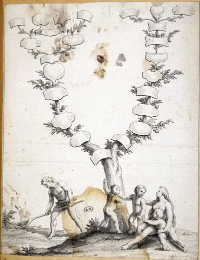 Coppia con bambini ai piedi di un albero genealogico vergine - incisione da Unknown artist