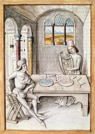 Artigianato: fabbricante di arpe. Un laboratorio di fabbricazione di strumenti. Miniatura da un manoscritto de "Le favole di Bidpai" da Unknown artist