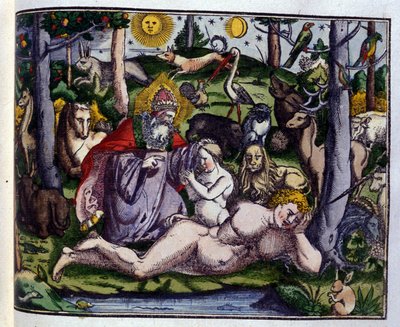Creazione: Dio rappresentato circondato da esseri umani e animali (cane, gru, leone, cervo, castoro, scimmia, unicorno, cinghiale, pappagalli, coniglio...), secondo Historiae animalium di Konrad Gesner, Tiguri da Unknown artist