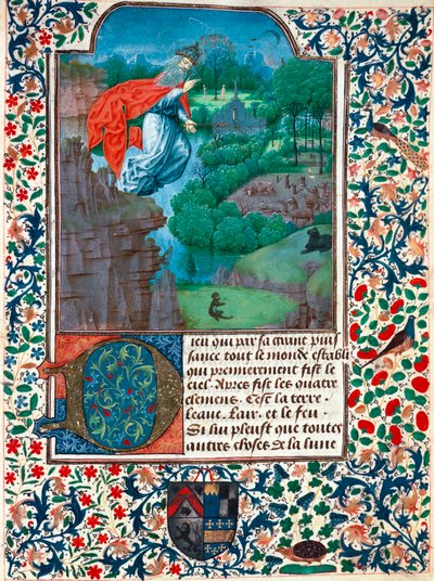 Creazione, il settimo giorno: il Creatore vola sopra la sua opera. Paesaggio con animali. Miniatura dal Libro delle Ore della Contessa di Bretiandos da Unknown artist