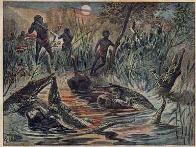 Caccia al coccodrillo in Niger con un bambino come esca. Illustrazione in "Le Pèlerin" del 4 dicembre. da Unknown artist