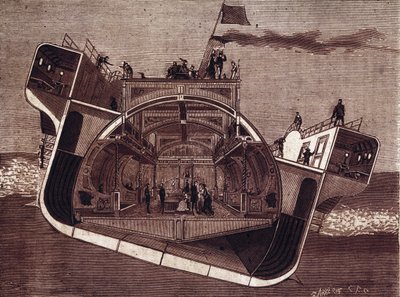 Sezione trasversale di una barca progettata contro il mal di mare da Henry Bessemer (1813-1898). Incisione del XIX secolo da Unknown artist