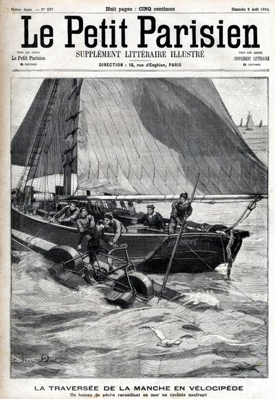 Attraversamento della Manica in velocipede: una barca da pesca raccoglie Georges Pinkert in mare che aveva scommesso di attraversare la Manica con il velocipede acquatico che aveva inventato. Incisione in 