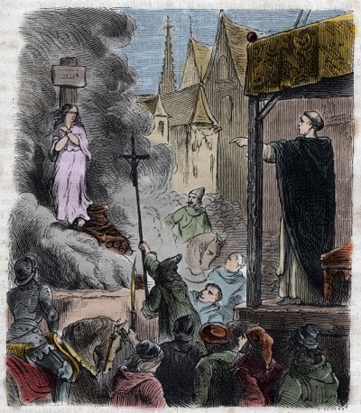 Crociata contro gli Albigesi - Eretici bruciati vivi: Catari al rogo, al tempo della crociata contro gli Albigesi in Francia nel XIII secolo - Incisione del 1879 in “Histoire des Societes Secretes, Politiques et Religions” di Pierre Zaccone (1817-1895) da Unknown artist