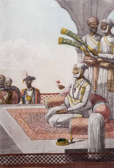 Cultura, civiltà e società indiana: ritratto di un Radjah (Rajah) sovrano dei Brahmani, India. Incisione del 1808. da Unknown artist