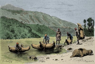 Costumi e metodi di trasporto: pelli di animali gonfiate usate per attraversare i fiumi. Incisione del XIX secolo da Unknown artist