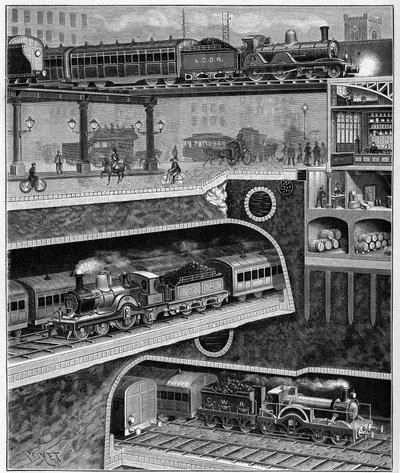 Taglia una strada di Londra in Inghilterra nel 1898. Incisione del 1898. in "La Natura. Rivista delle scienze e delle loro applicazioni alle arti e all