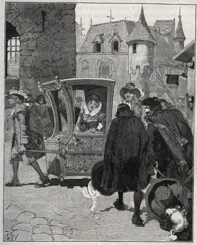 Posate: barcaioli circondano la sedia di Marie de Rabutin-Chantal, Marchesa di Sévigné, per venderle coltelli al suo arrivo a Nogent nel 1675. Incisione del 1885 in 