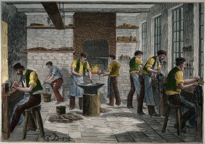 Officina di posate in Francia nel XIX secolo. Incisione del 1885 in "Les arts et métiers illustrés" di Adolphe Bitard. da Unknown artist
