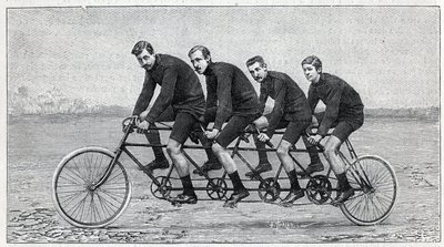 Ciclista su una bicicletta chiamata "quadruplette gladiator". Incisione in "La Nature" da Unknown artist
