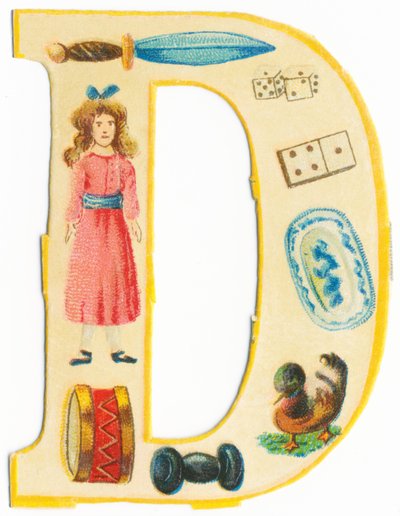 D: pugnale, bambola, dadi, domino, tamburo, piatto, manubrio, anatra da Unknown artist