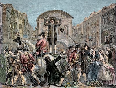 Daniel Defoe (De Foe) (1659-1731) alla gogna a Londra nel 1703 per aver pubblicato il suo trattato ironico "The Shortest Way With the Dissenters" - Lo scrittore e avventuriero Daniel Defoe (1659-1731) condannato nel 1703 alla gogna per i suoi scritti contr da Unknown artist