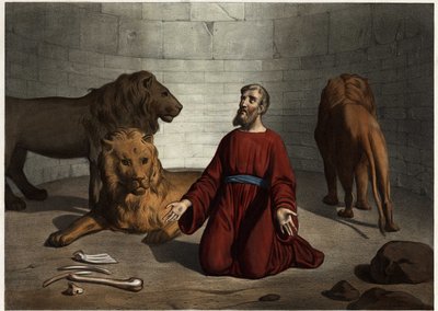 Daniele, gettato tra i leoni dal re, è protetto da un angelo del Signore che calma le bestie. Incisione anonima della metà del XIX secolo da Unknown artist