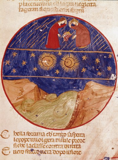 Dante e Beatrice guardano dal cielo, Terra e stelle. Pagina illuminata che illustra un canto del Paradiso dalla 