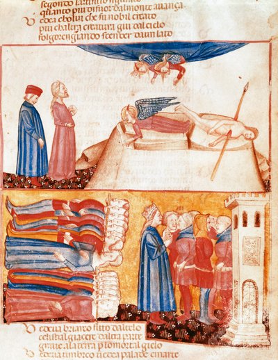 Dante e Virgilio incontrano le anime dei morti violentemente. Pagina miniata che illustra un canto dell