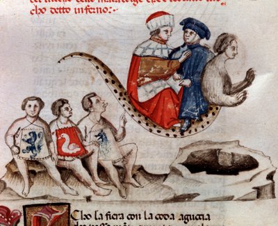Dante e Virgilio cavalcano sulla schiena di Gerione (canto 17 dell
