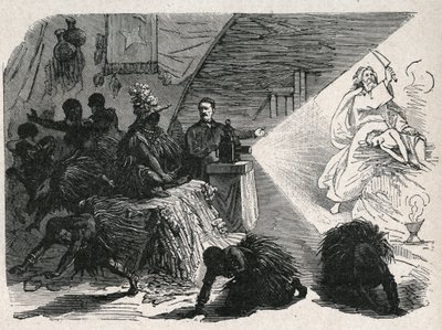 David Livingstone, missionario ed esploratore scozzese, con la lanterna magica nei Balonda. da Unknown artist