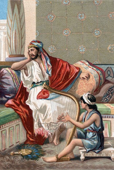 Davide che suona la cetra davanti al re Saul per calmarlo. da Unknown artist