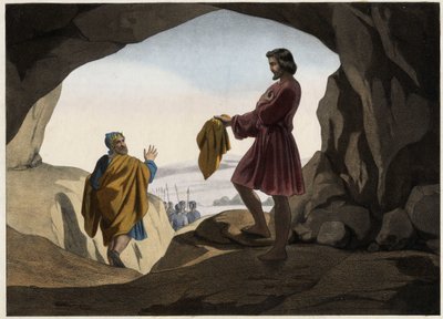Davide mostrò a Saul il pezzo del suo mantello: Davide rifiutò di uccidere il re Saul, che era stato consegnato da Dio nella caverna, e tagliò solo un pezzo del suo mantello. da Unknown artist