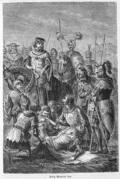 Morte di Manfredi, Re di Sicilia - 1266 - Manfredi ucciso in battaglia - Battaglia di Benevento (26 febbraio 1266): la morte di Manfredi I di Hohenstaufen da Unknown artist