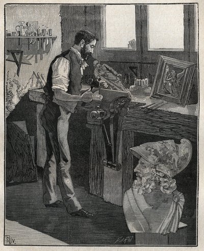 Decorazione di argenteria: cesellatore di bronzo. Incisione del 1885 in "Les arts et metiers illustres" di Adolphe Bitard da Unknown artist