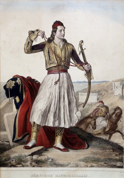 Demetrius Mavromichalis in costume tradizionale da cavaliere - litografia da Unknown artist