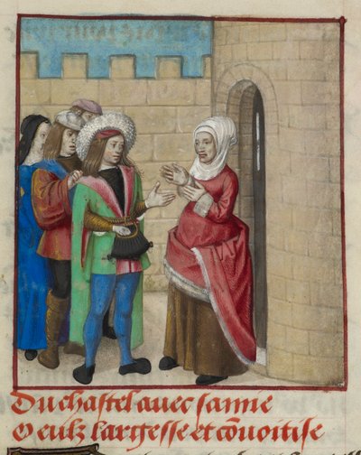 (dettaglio) Miniatura di Convoitise (Avidità) e Largesse (Generosità) che entrano nel castello, da 