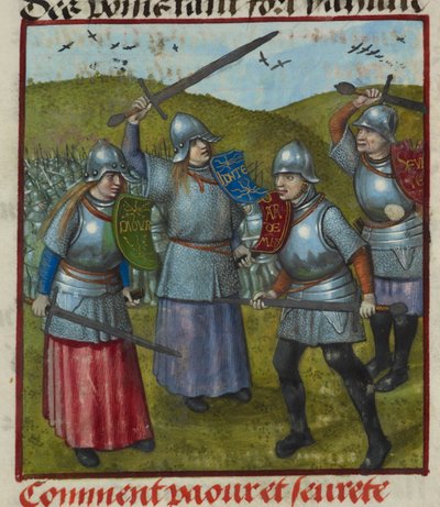 (dettaglio) Miniatura di Peur, Honte e altre allegorie che combattono. Uomini e donne in armatura, che combattono, da 